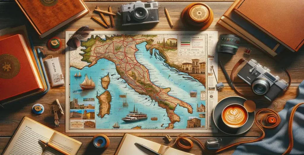 Italien-Reisetipps auf einer Landkarte mit umliegenden Reiseutensilien wie Büchern, Kameras und einer Tasse Cappuccino [Bildquelle: © DALL·E]
